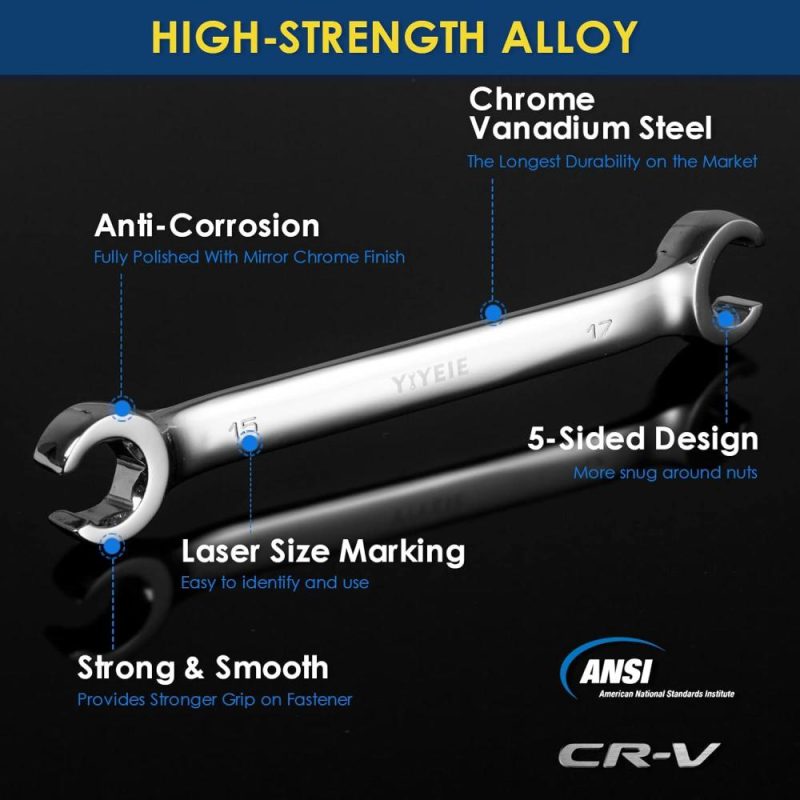 Jeu de clés à écrou à flare, métrique 5 pièces, jeu de clés pour ligne de frein 9, 10, 11, 12, 13, 14, 15, 17, 19, 21 mm, acier Cr-V, avec pochette roulable. | Ouvertes