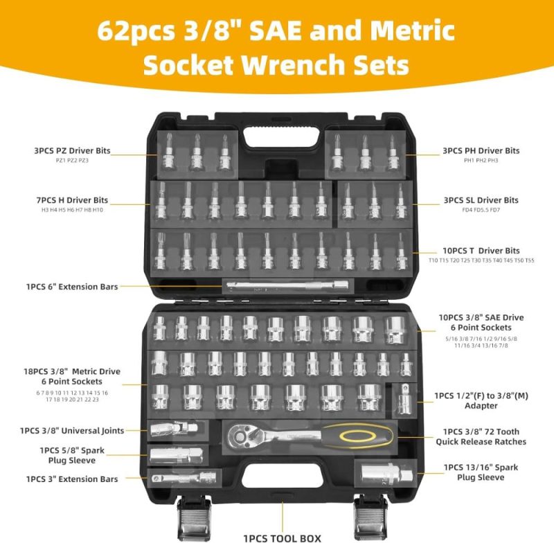 Jeu de clés à douille, 62 pièces, jeu de clés à cliquet de 3/8" avec cliquet à 72 dents, SAE et métrique de 5/16" à 7/8", 6 mm à 23 mm, ensemble d’outils pour usage domestique et réparation automobile. | Couples à Douille et Jeux de Clés à Douille