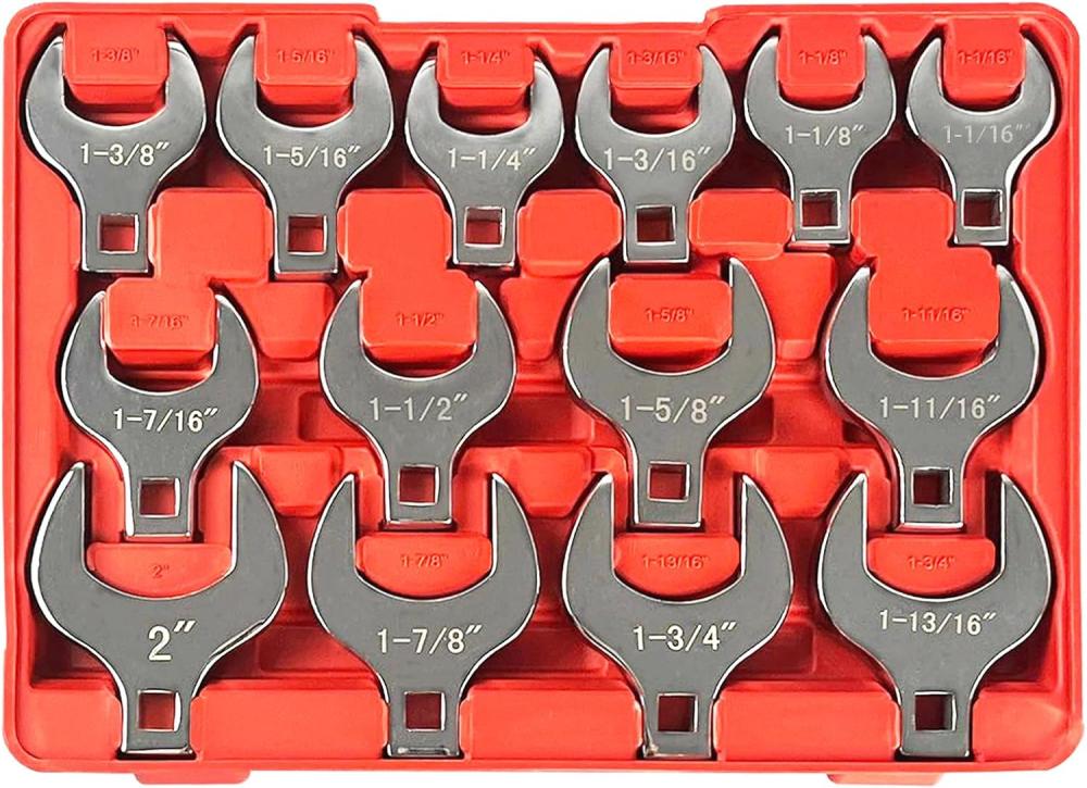 Jeu de clés à fourche jumbo C&T de 14 pièces, entraînement 1/2", tailles SAE de 1-1/16" à 2" avec plateau de rangement, en acier chrome vanadium et finition chromée entièrement polie. | Ouvertes