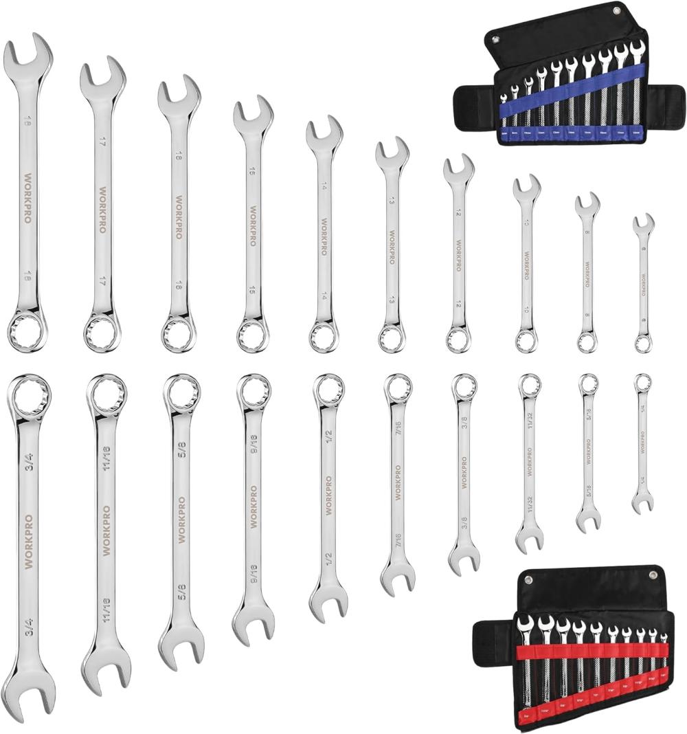 Jeu de clés à molette de 20 pièces, métrique 6-18 mm et SAE 1/4"- 3/4", en acier Cr-V, jeu de clés à 12 points avec pochette roulante 2-en-1. | Combinaison de Clés