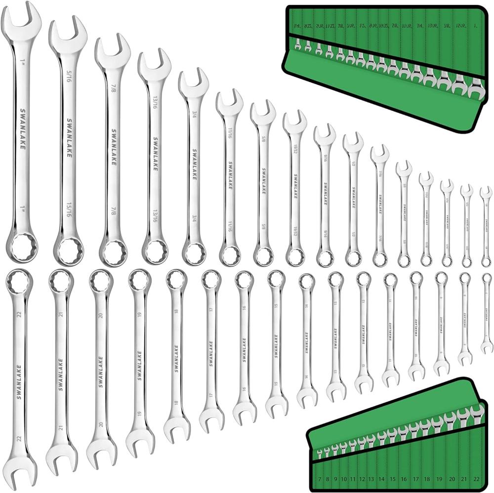 Jeu de clés à molette de 32 pièces, SAE et métrique, 1/4"-1" et 7 mm-22 mm, 12 points, acier chrome-vanadium | Combinaison de Clés