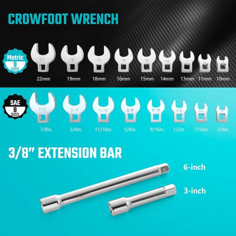 Jeu de clés Crowfoot à prise 3/8" avec 2 barres d’extension, SAE et métrique, 19 pièces, 10-22 mm et 3/8"-7/8", acier Cr-V, avec organisateur d’outils en mousse EVA. | Ouvertes