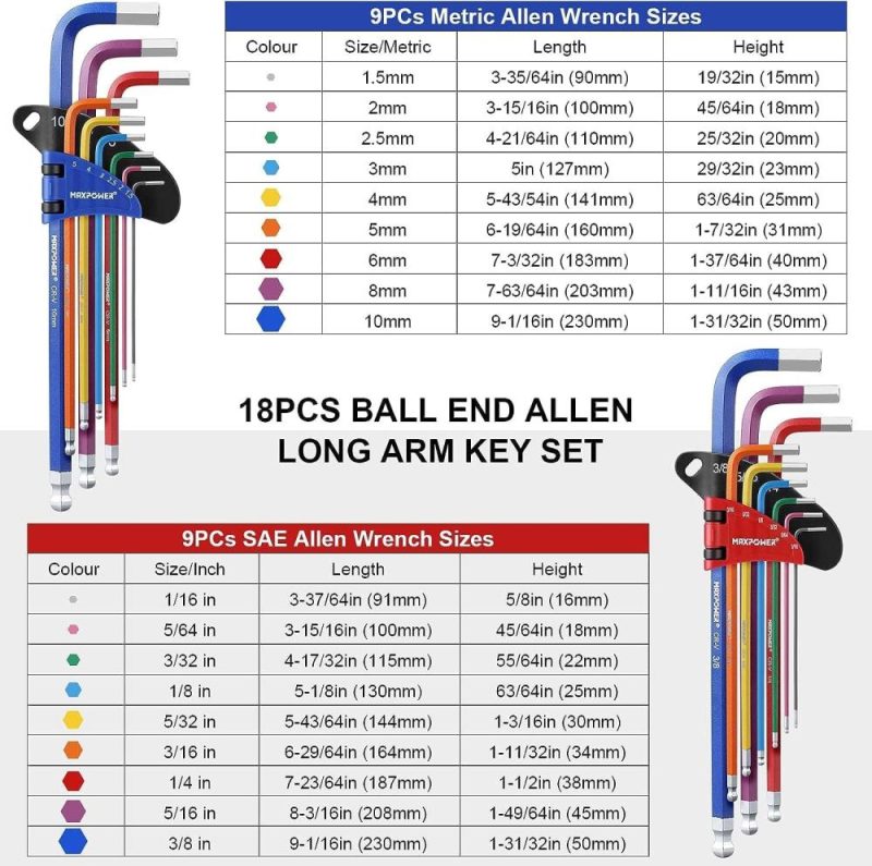Jeu de clés hexagonales Allen de 18 pièces, jeu de clés hexagonales SAE et métriques avec bras extra long et embouts sphériques, avec poignée en T. | Clé Hexagonale