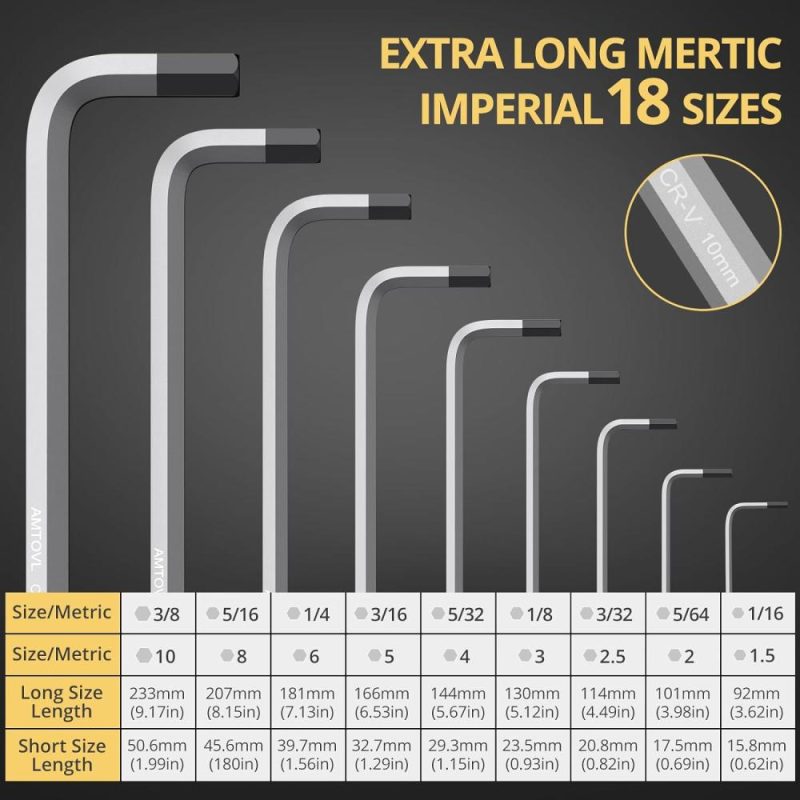 Jeu de clés hexagonales, jeu de clés Allen, 18 pièces métriques et SAE, jeu de clés Allen extra long avec embout boule T-handle en acier CrV et S2, 1,5 mm – 10 mm, 1/16 – 3/8. | Clé Hexagonale