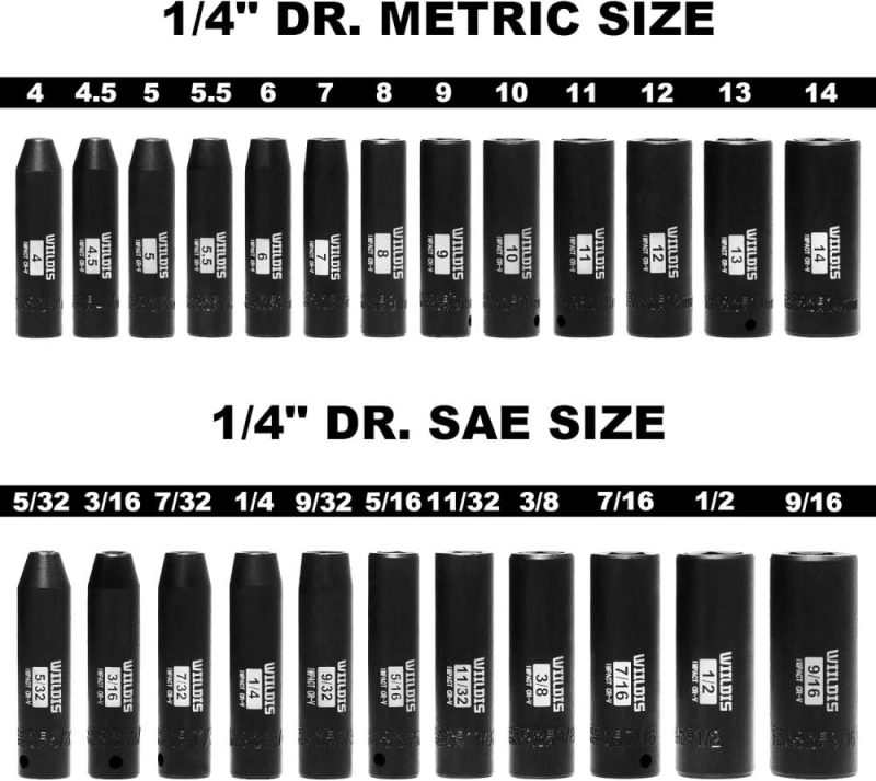 Jeu de douilles à chocs de 1/4 pouce, 24 pièces, 6 points, SAE/metric, 5/32 pouce – 9/16 pouce, 4 mm – 15 mm, profond, acier Cr-V | Groupes de Douilles