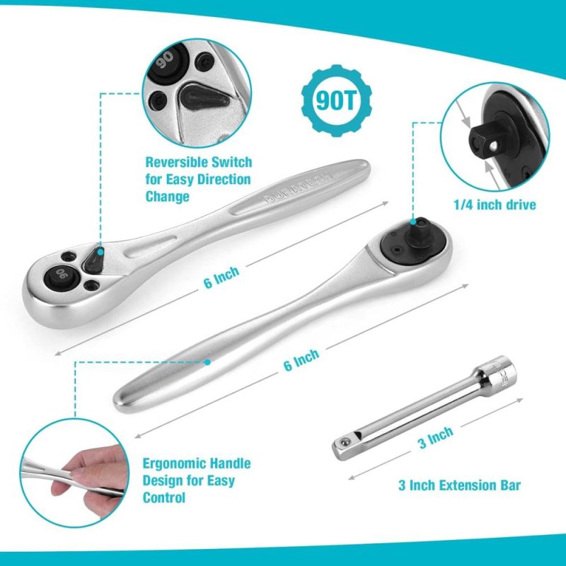 Jeu de douilles à entraînement 1/4" 20 pièces, comprenant des douilles à embouts métriques et SAE, une clé à cliquet, une barre d’extension et un support de rangement pivotant, acier allié Cr-V S2, conforme aux normes ANSI. | Clé à Douille