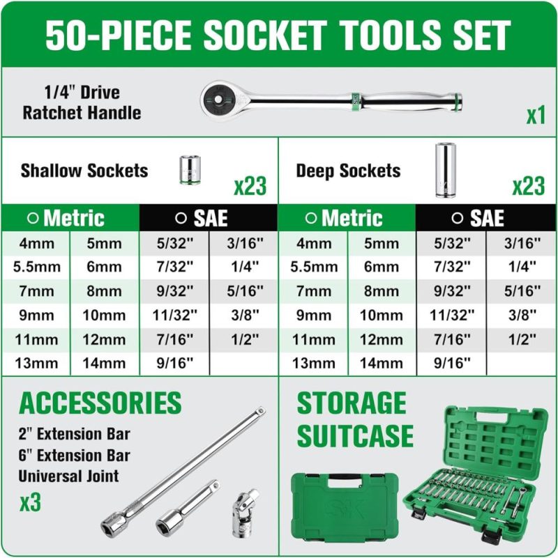 Jeu de douilles à entraînement 1/4" avec cliquet à dégagement rapide 216-P, 50 pièces, SAE et métrique, finition Superkrome, construction en Cr-V premium, avec mallette de rangement. | Couples à Douille et Jeux de Clés à Douille