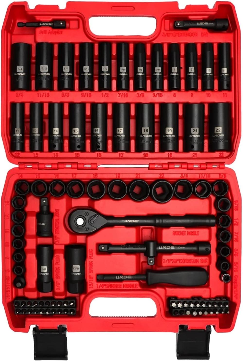 Jeu de douilles à impact 3/8", standard SAE (5/16 à 3/4 pouce), taille métrique (8-22 mm), 95 pièces, kit en acier Cr-V profond et peu profond, adaptateurs, poignée à cliquet, jeu de douilles de tournevis, douille pour bougie d’allumage, 6 points. | Couples à Douille et Jeux de Clés à Douille