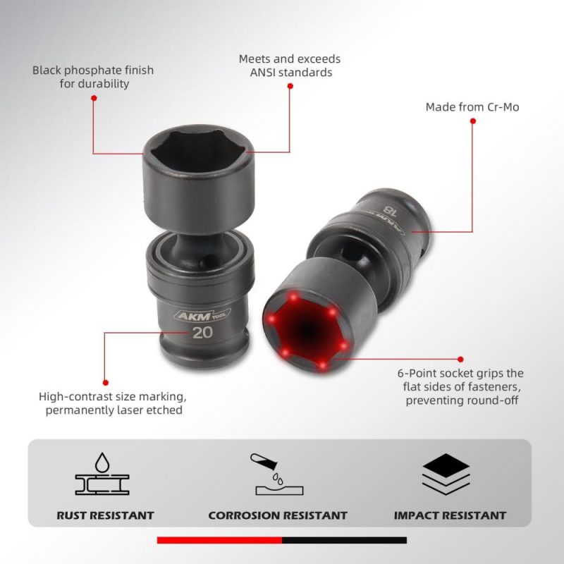 Jeu de douilles à impact universelles de 3/8", ensemble de 20 douilles pivotantes, douille universelle à 6 points, métrique, 8-22 mm, Cr-Mo, avec barres d’extension, adaptateur de douille, adaptateur de foret. | Couples à Douille et Jeux de Clés à Douille