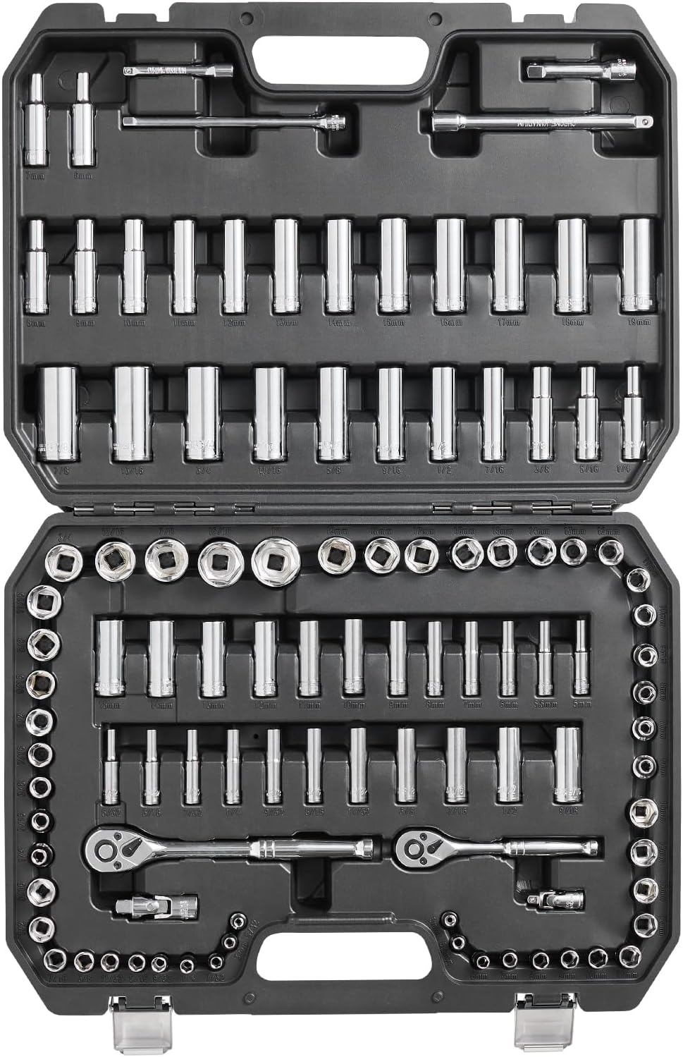 Jeu de douilles, douille et cliquet à entraînement 1/4" et 3/8", ouverture de douille à 6 points, ensemble d’outils de 106 pièces SAE et métriques, douilles profondes et standard, 5/32-1 po, 5-19 mm, avec accessoires, boîte de rangement. | Clé à Douille