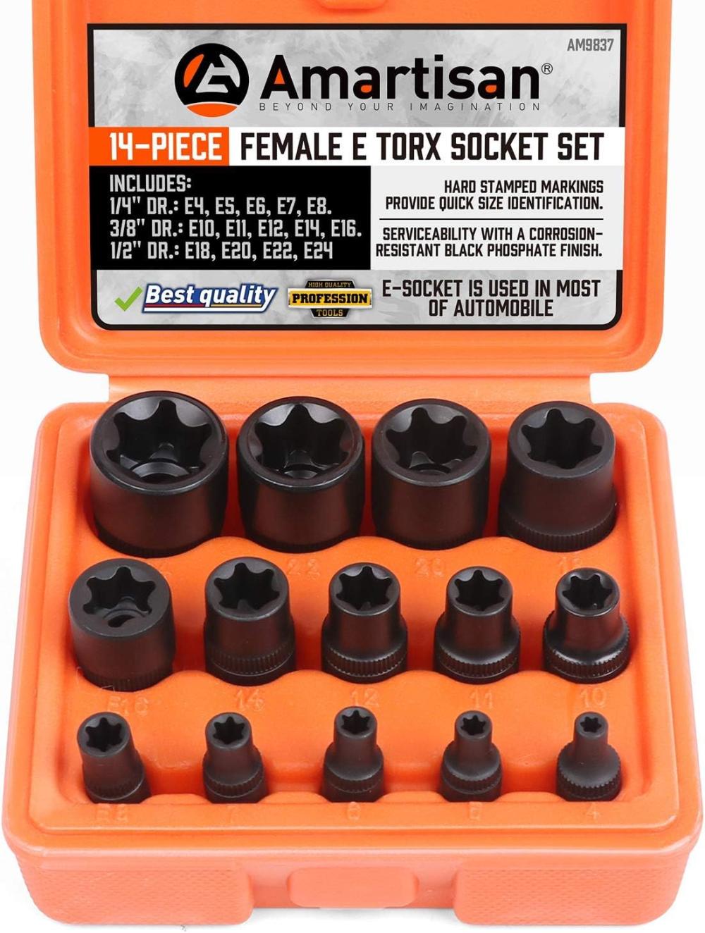 Jeu de douilles E-Torx étoile femelle de 14 pièces / rail, entraînement 1/4", 3/8", 1/2", jeu de douilles de couple externe E24. | Couples à Douille et Jeux de Clés à Douille