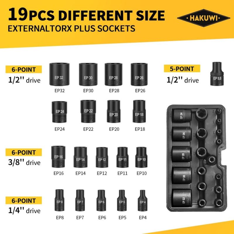 Jeu de douilles externes Torx Plus de 19 pièces, jeu de douilles étoile ultime, douille ép de 6 points 1/2 » 3/8 » 1/4 » Dr Ep4-Ep32, douille ép de 5 points 1/2 » Ep8.8 Dr E-Torx Plus, compatible avec Tesla. | Douilles à Entraînement Individuel