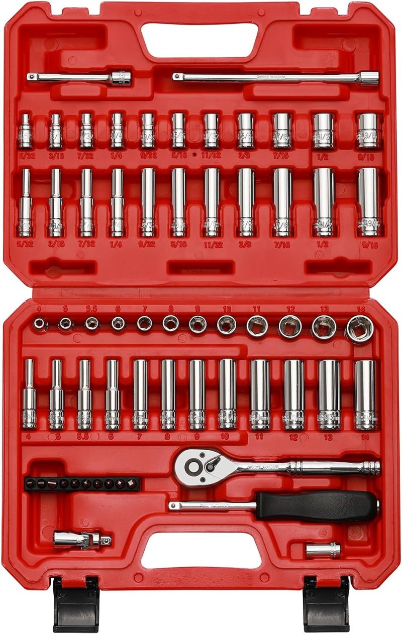 Jeu de douilles maître à entraînement de 1/4 pouce avec cliquets, adaptateurs, rallonges et ensemble de bits de 1/4 pouce, pouces/métrique, 6 points, de 5/32 pouce à 9/16 pouce, de 4 mm à 14 mm, ensemble de 62 pièces de douilles de 1/4 pouce. | Couples à Douille et Jeux de Clés à Douille