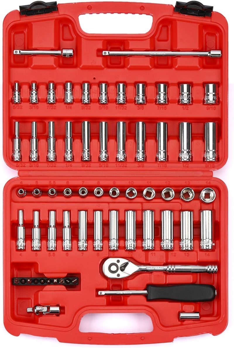 Jeu de douilles maître de 62 pièces de 1/4 pouce avec cliquets, joint universel, rallonges et jeu de bits de 1/4 pouce, SAE/Métrique 6 points de 5/32 pouce à 9/16 pouce, 4 mm à 14 mm, douille en Cr-V. | Couples à Douille et Jeux de Clés à Douille