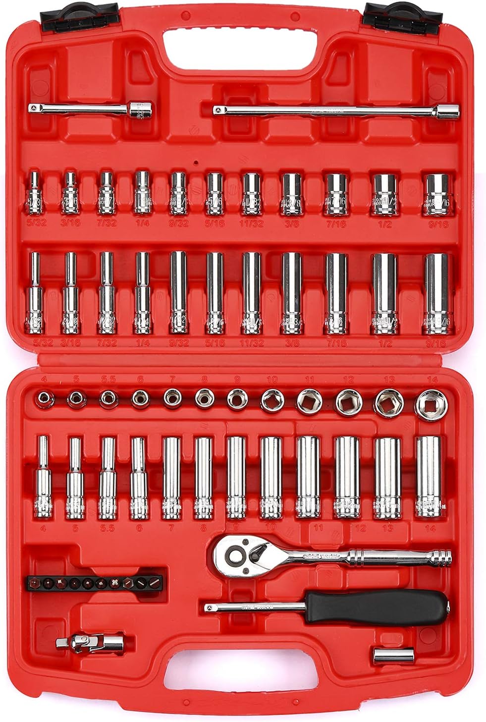 Jeu de douilles maître de 62 pièces de 1/4 pouce avec cliquets, joint universel, rallonges et jeu de bits de 1/4 pouce, SAE/Métrique 6 points de 5/32 pouce à 9/16 pouce, 4 mm à 14 mm, douille en Cr-V. | Couples à Douille et Jeux de Clés à Douille