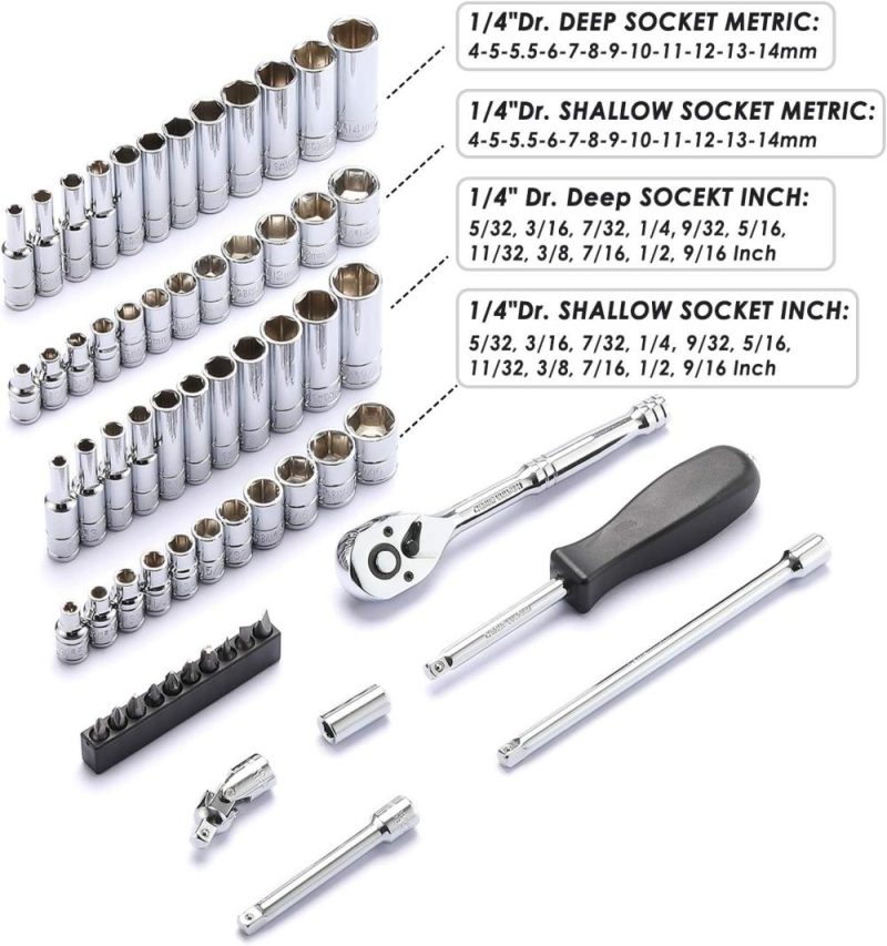 Jeu de douilles maître de 62 pièces de 1/4 pouce avec cliquets, joint universel, rallonges et jeu de bits de 1/4 pouce, SAE/Métrique 6 points de 5/32 pouce à 9/16 pouce, 4 mm à 14 mm, douille en Cr-V. | Couples à Douille et Jeux de Clés à Douille