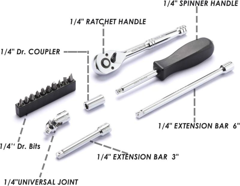 Jeu de douilles maître de 62 pièces de 1/4 pouce avec cliquets, joint universel, rallonges et jeu de bits de 1/4 pouce, SAE/Métrique 6 points de 5/32 pouce à 9/16 pouce, 4 mm à 14 mm, douille en Cr-V. | Couples à Douille et Jeux de Clés à Douille