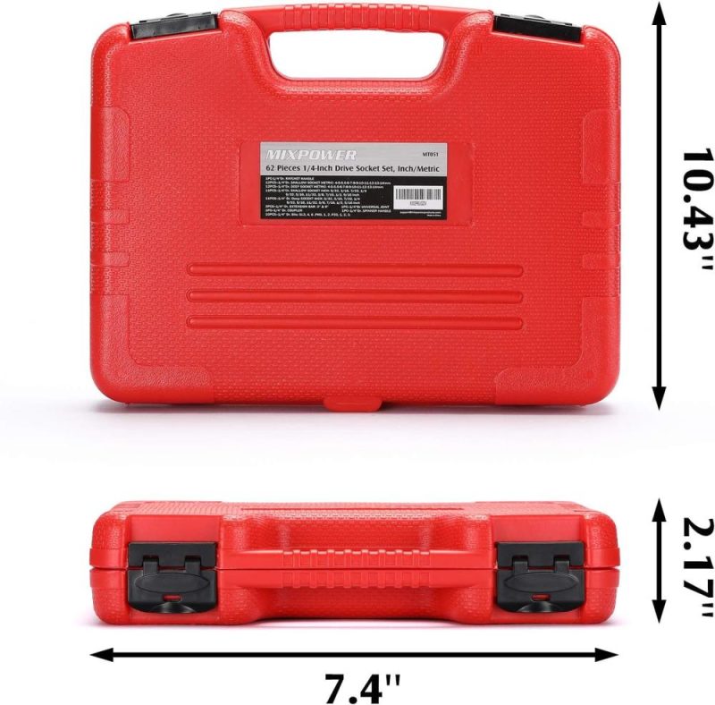 Jeu de douilles maître de 62 pièces de 1/4 pouce avec cliquets, joint universel, rallonges et jeu de bits de 1/4 pouce, SAE/Métrique 6 points de 5/32 pouce à 9/16 pouce, 4 mm à 14 mm, douille en Cr-V. | Couples à Douille et Jeux de Clés à Douille