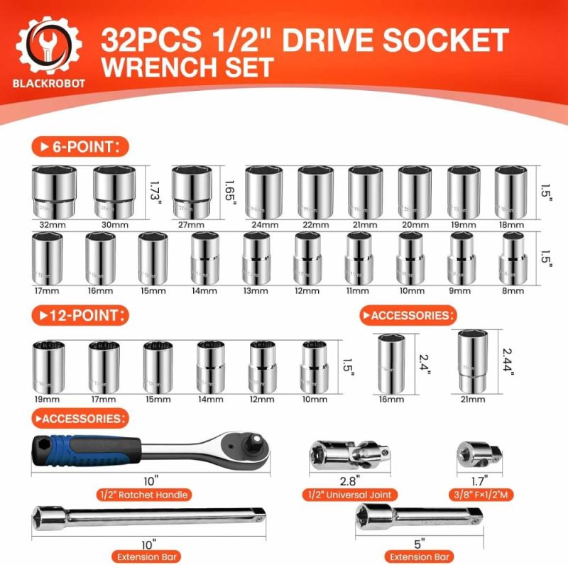 Jeu de douilles métriques de 32 pièces 1/2" avec prise, 6 points (8 mm – 32 mm) 12 points (10 mm – 19 mm), ensemble d’outils mécaniques avec clé à cliquet, acier Cr-V | Couples à Douille et Jeux de Clés à Douille