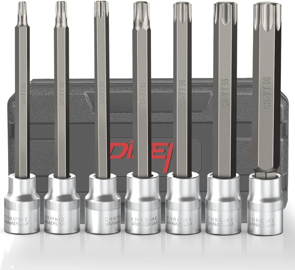 Jeu de douilles Torx extra long de 7 pièces T25-T60 3/8" avec une longueur de 110 mm et un boîtier de rangement portable. | Douilles à Entraînement Individuel