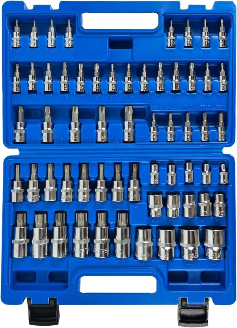 Jeu de douilles Torx maître de 60 pièces et jeu de douilles Torx externes, ensemble de douilles étoile en acier allié S2 comprenant T6-T70, E4-E24, Tp8-Tp60, Tt6-Tt70, entraînement 1/4", 3/8", 1/2", avec boîtier de rangement amélioré. | Douilles à Entraînement Individuel