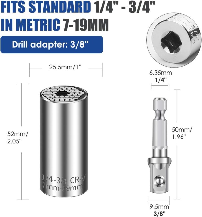 Jeu de douilles universelles (11-32 mm 7-19 mm) super douille pour dévisser n’importe quel boulon, kit d’outils universels multifonction avec adaptateurs pour perceuse, cadeaux pour hommes, père/papa, mari, bricoleur 4 pièces | Couples à Douille et Jeux de Clés à Douille