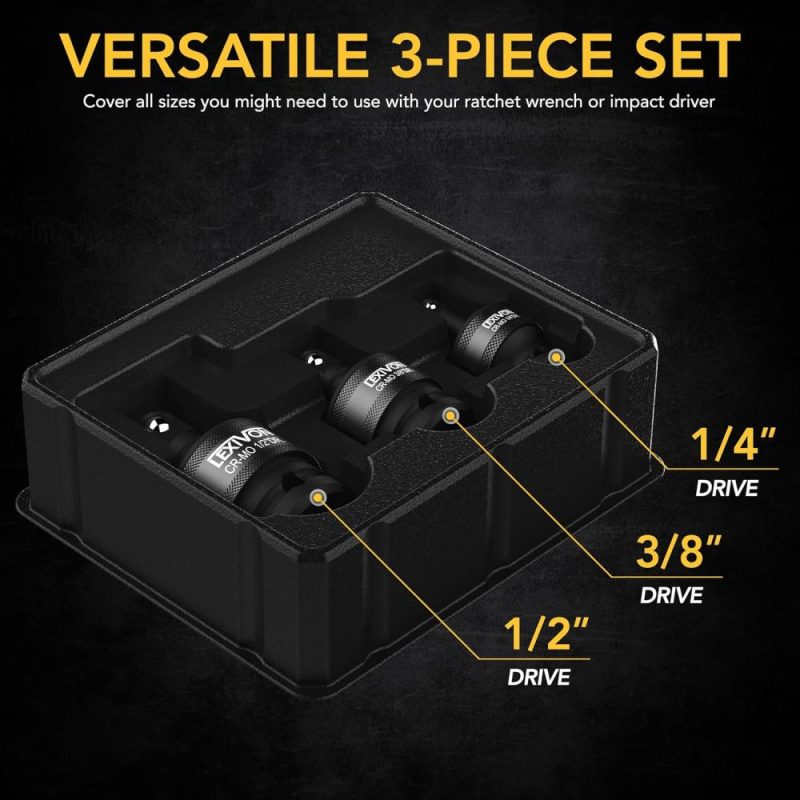 Jeu de douilles universelles à cardan Lexivon Premium Impact | Ensemble de 3 pièces avec design à ressort à boule 1/2", 3/8" et 1/4" | Acier Cr-Mo – Pleine classe d’impact (Lx-113) | Couples à Douille et Jeux de Clés à Douille