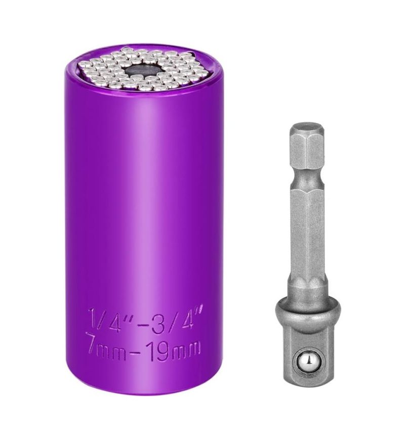 Jeu de douilles universelles, professionnel 7 mm-19 mm / 1/4"-3/4" jeu de douilles à cliquet avec adaptateur pour perceuse électrique, violet | Clé à Douille