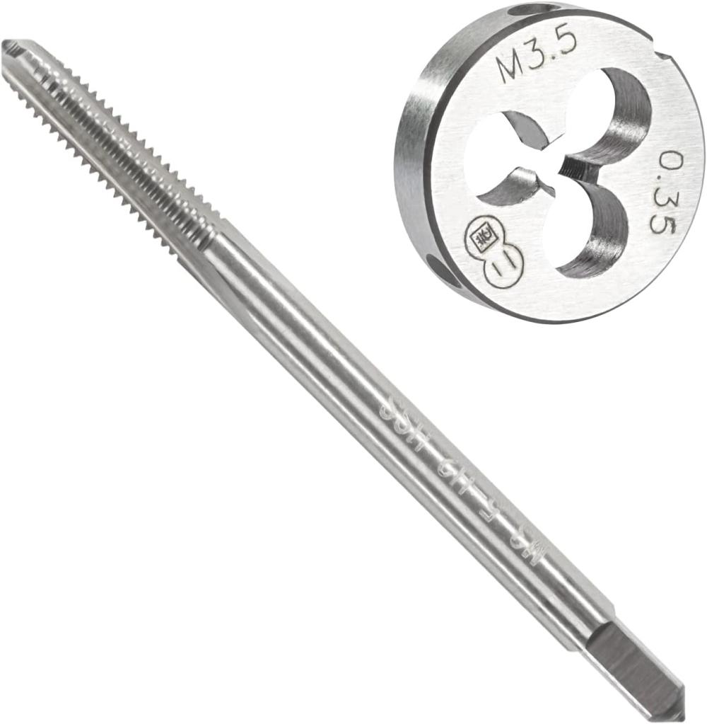 Jeu de filière et taraud métrique M3.5 X 0.6, taraud à filetage machine HSS M3.5 X 0.6 mm et filière ronde en acier allié M3.5 X 0.6 mm à droite. | Tarauds de Filetage