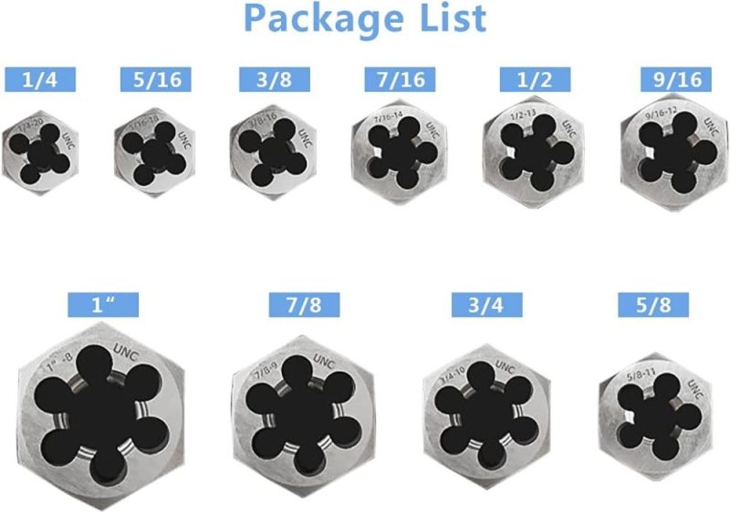 Jeu de filière UNC de 10 pièces 1/4", 5/16", 3/8", 7/16", 1/2", 9/16", 5/8", 3/4", 7/8" et 1", refiletage, acier au carbone, boîte noire avec poignée. | Filières de Filetage