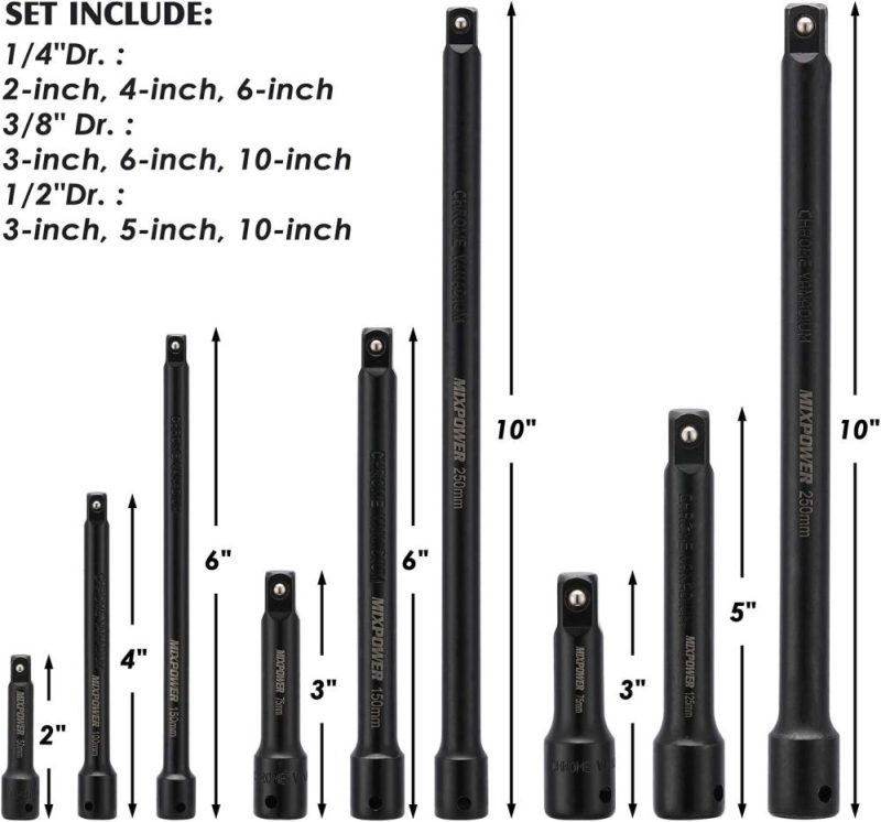 Jeu de rallonges de 9 pièces, 1/4", 3/8" et 1/2" pour douilles, en acier au chrome vanadium de qualité supérieure avec finition en phosphate noir, conçu pour les perceuses à percussion. | Couples à Douille et Jeux de Clés à Douille