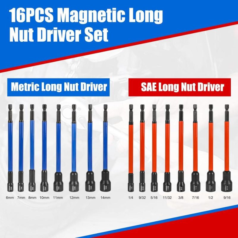 Jeu de tournevis à douille Eawongee, ensemble de tournevis à douille magnétique à tige hexagonale de 1/4" pour perceuse à percussion, ensemble de douilles magnétiques SAE/Metric (1/4"-9/16", 6-14 mm), 16 pièces avec code couleur et boîte à outils. | Tourne-écrous