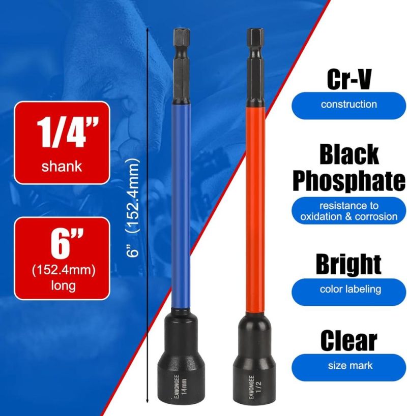 Jeu de tournevis à douille Eawongee, ensemble de tournevis à douille magnétique à tige hexagonale de 1/4" pour perceuse à percussion, ensemble de douilles magnétiques SAE/Metric (1/4"-9/16", 6-14 mm), 16 pièces avec code couleur et boîte à outils. | Tourne-écrous