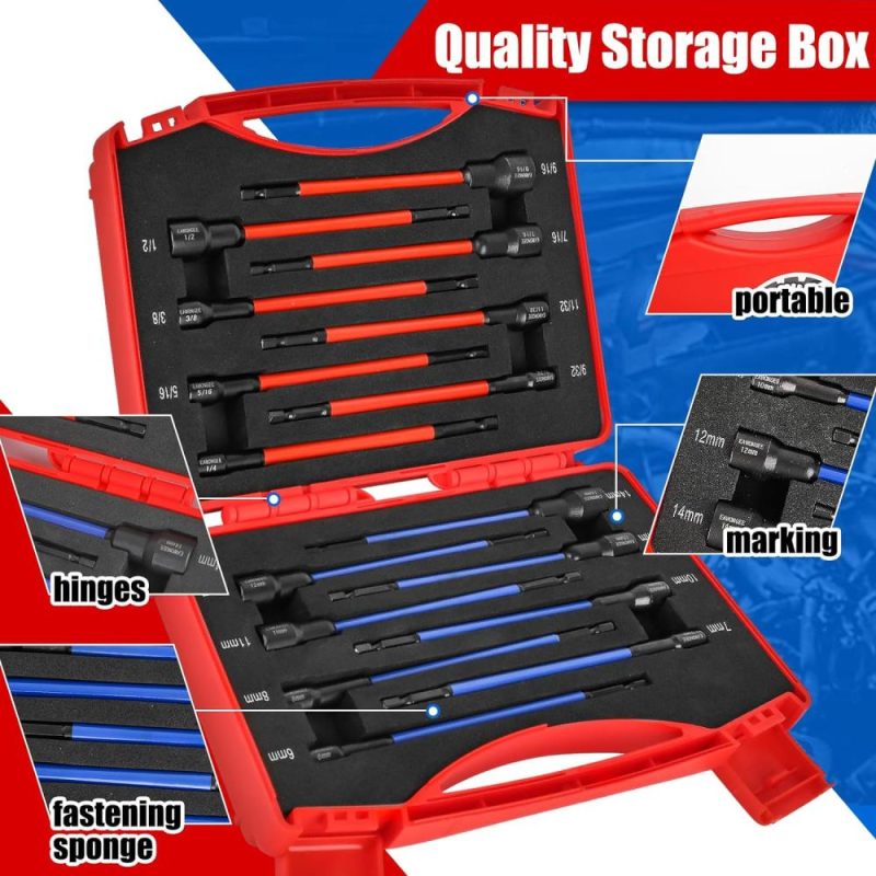 Jeu de tournevis à douille Eawongee, ensemble de tournevis à douille magnétique à tige hexagonale de 1/4" pour perceuse à percussion, ensemble de douilles magnétiques SAE/Metric (1/4"-9/16", 6-14 mm), 16 pièces avec code couleur et boîte à outils. | Tourne-écrous