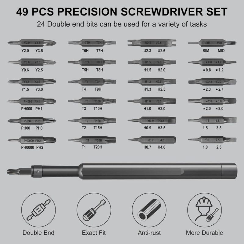 Jeu de tournevis de précision 49 en 1, petit jeu de tournevis, kit d’outils de réparation magnétique pour ordinateur portable, iPhone, téléphone portable, PC, Macbook, tablette, ordinateur, PS5, PS4, Xbox, électronique, lunettes, montre. | Sets de Tournevis