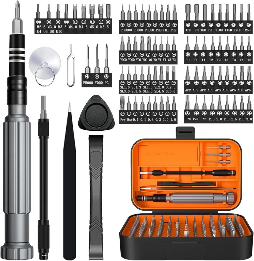 Jeu de tournevis de précision, ensemble de petits tournevis 150-en-1 avec étui, outil de réparation électronique pour lunettes, sonnette, montre, ordinateur, portable, iPhone, MacBook, PS5, manette Xbox, bijoux, orange. | Sets de Tournevis