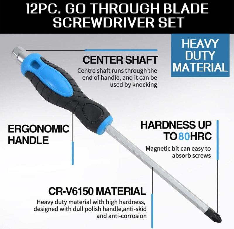 Jeu de tournevis magnétique de 12 pièces, jeu de tournevis robuste avec lames en acier traversantes, tournevis à couple élevé avec 6 embouts Phillips et 6 embouts à tête plate avec étui. | Sets de Tournevis