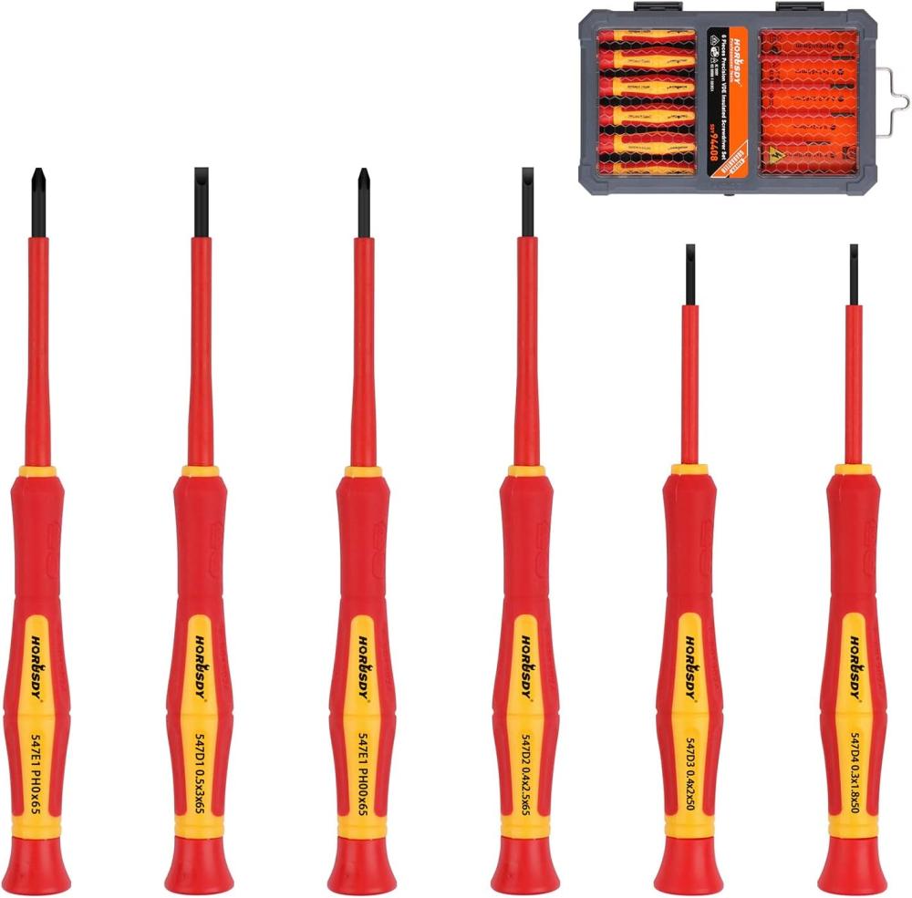 Jeu de tournevis mini isolés 1000V en 6 pièces, jeu de tournevis mini électricien à embout magnétique fendu (1,8 mm, 2,0 mm, 2,5 mm, 3,0 mm), Phillips : (Ph00, Ph0) | Sets de Tournevis