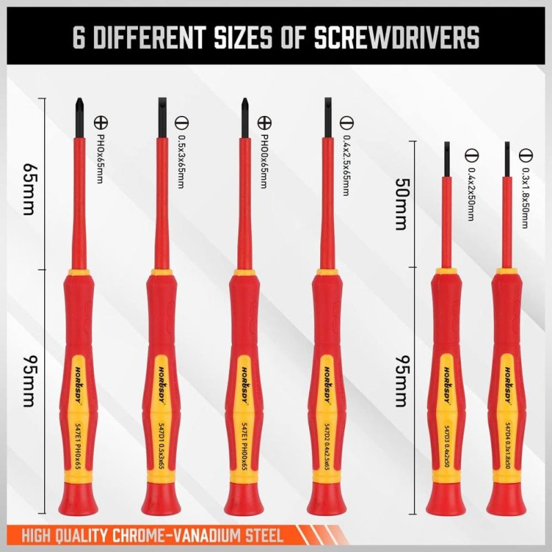 Jeu de tournevis mini isolés 1000V en 6 pièces, jeu de tournevis mini électricien à embout magnétique fendu (1,8 mm, 2,0 mm, 2,5 mm, 3,0 mm), Phillips : (Ph00, Ph0) | Sets de Tournevis