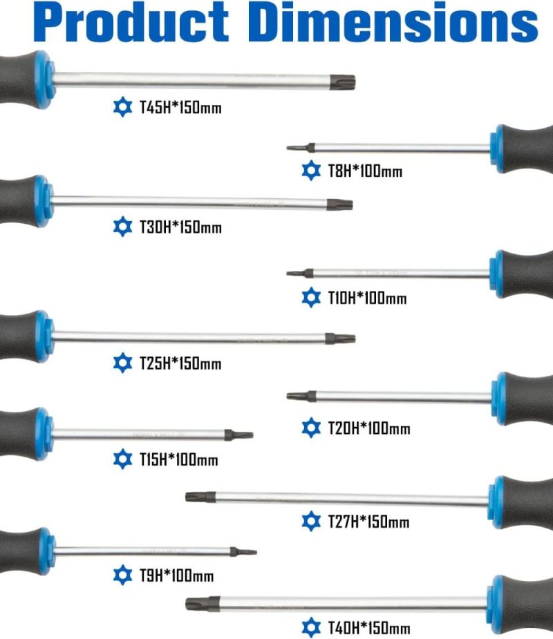 Jeu de tournevis Torx 10 pièces, embout noir magnétique avec trou central, jeu de tournevis professionnel avec prise en main rembourrée et couple élevé. | Sets de Tournevis