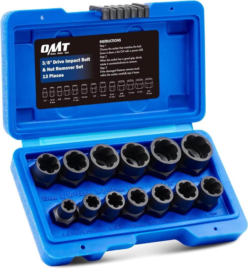 Jeu d’outils pour l’extraction de boulons et d’écrous à impact, kit d’outils pour retirer les écrous et boulons rouillés, endommagés ou dénudés, ensemble de douilles extractrices d’écrous et de boulons en 13 tailles SAE et métriques pour entraînement de 3/8 pouce avec étui. | Couples à Douille et Jeux de Clés à Douille