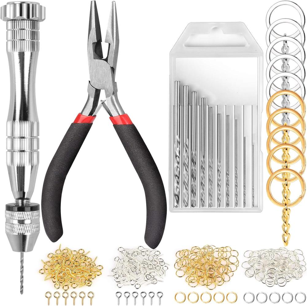 Kit de 222 pièces de pince à main pour moules en résine, perceuse en acier avec forets et pinces à nez grip & fournitures de porte-clés, perceuse manuelle pour la fabrication de bijoux en résine, porte-clés et pendentifs en silicone. | Étaux