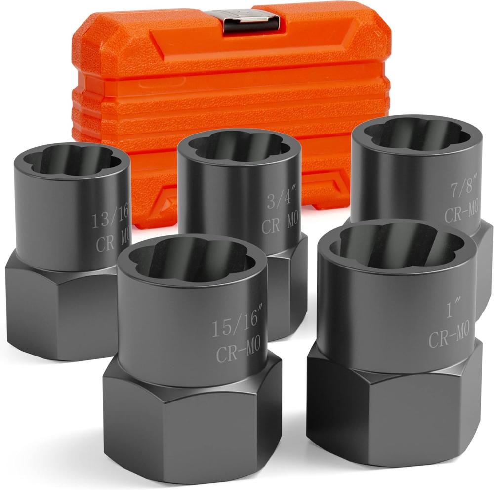 Kit d’extracteurs de boulons 5 pièces, outil de retrait de boulons à impact de 1/2", ensemble d’extracteurs de noix grande taille 19-25 mm pour enlever les écrous, boulons, goujons usés, endommagés, arrondis et rouillés. | Couples à Douille et Jeux de Clés à Douille