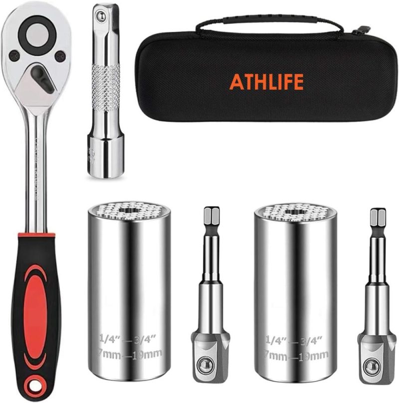 Kit d’outils de clé à douille universelle 7-19 mm avec prise, ensembles d’outils avec clé à cliquet 3/8, adaptateur pour perceuse électrique, cadeau pour bricoleur, mari, petit ami, père, femmes (argent) | Clé à Douille