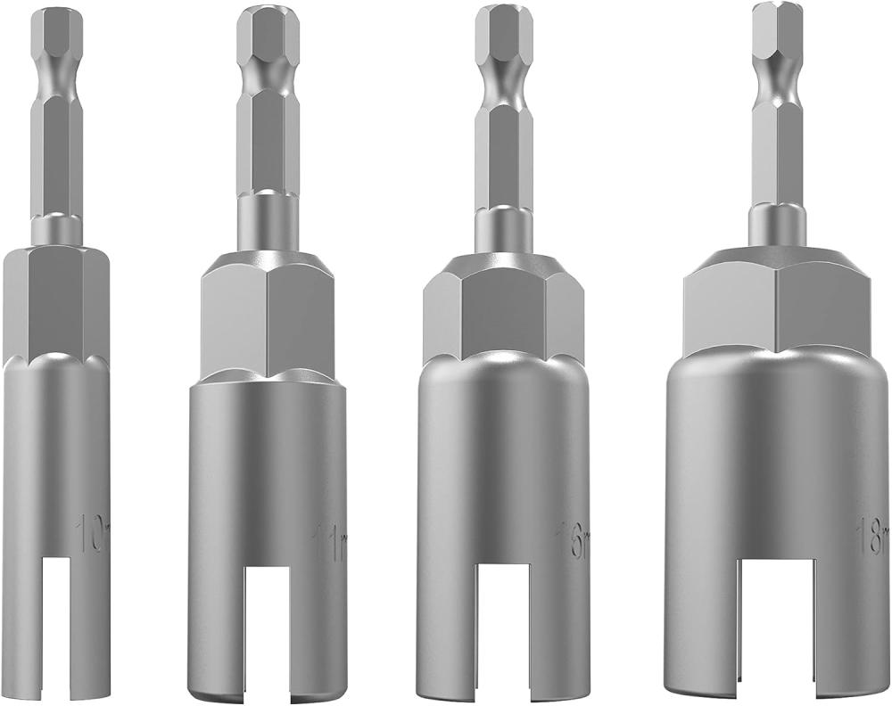 Kit d’outils de douille de tournevis à ailettes à emmanchement hexagonal de 1/4", embouts de perçage pour écrous à ailettes fendus, clé à douille, écrous de panneau, vis œil, crochet en forme de C, boulon (4 pièces, 4 tailles : 10 mm, 11 mm, 16 mm, 18 mm) | Tourne-écrous