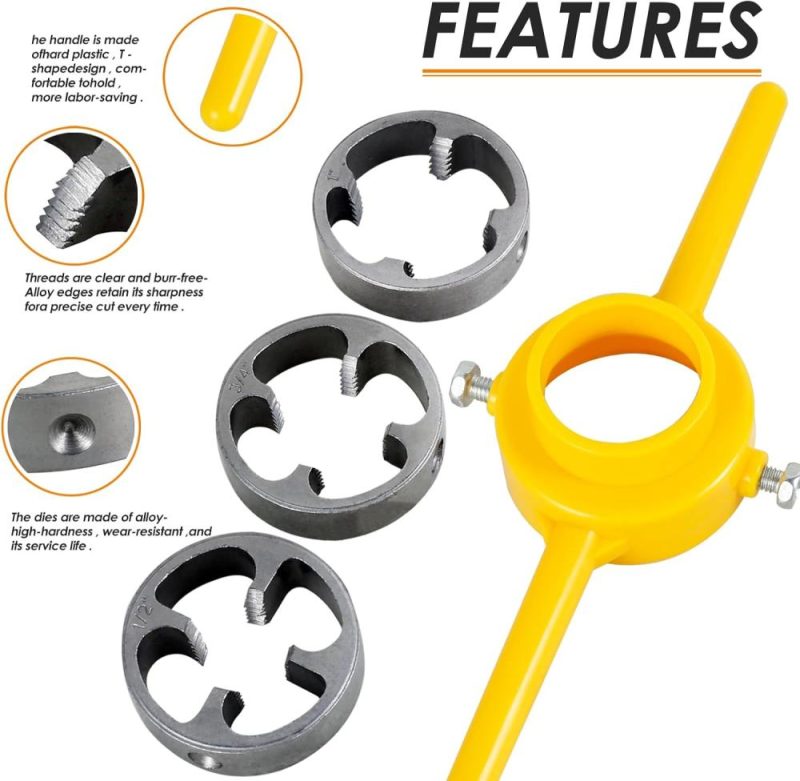 Kit d’outils de plomberie, 6 pièces, outil de fabrication de filets en PVC, kit de filière avec 3 matrices de 1/2", 3/4" et 1", ensemble de tarauds et filières, ensemble de matrices rondes pour tuyaux en plastique, outil manuel pour le filetage PVC. | Sets de Tarauds et de Matrices