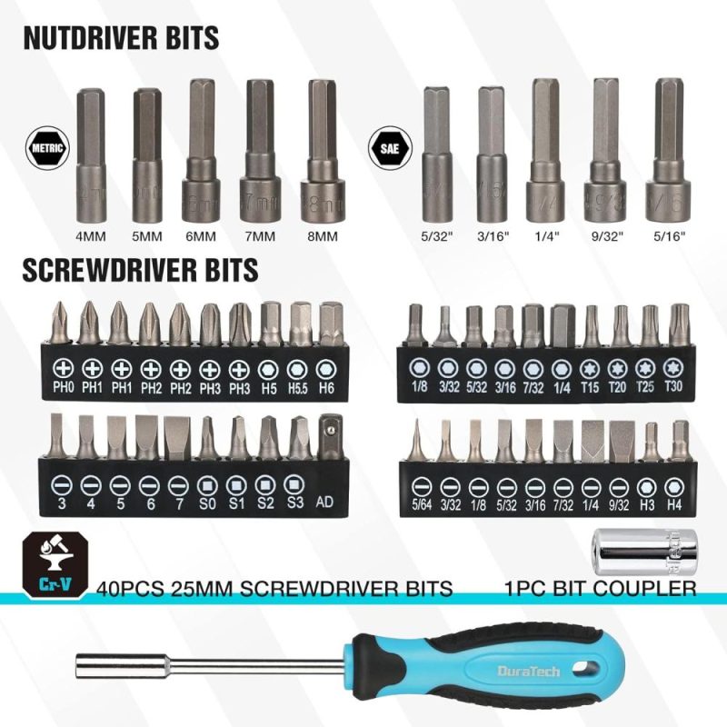 Kit d’outils mécaniques de 121 pièces, comprenant un ensemble de douilles SAE/mesure, une clé à cliquet à 72 dents, un tournevis magnétique 40-en-1 et des clés hexagonales avec une boîte à outils de transport pour la réparation automobile. | Couples à Douille et Jeux de Clés à Douille