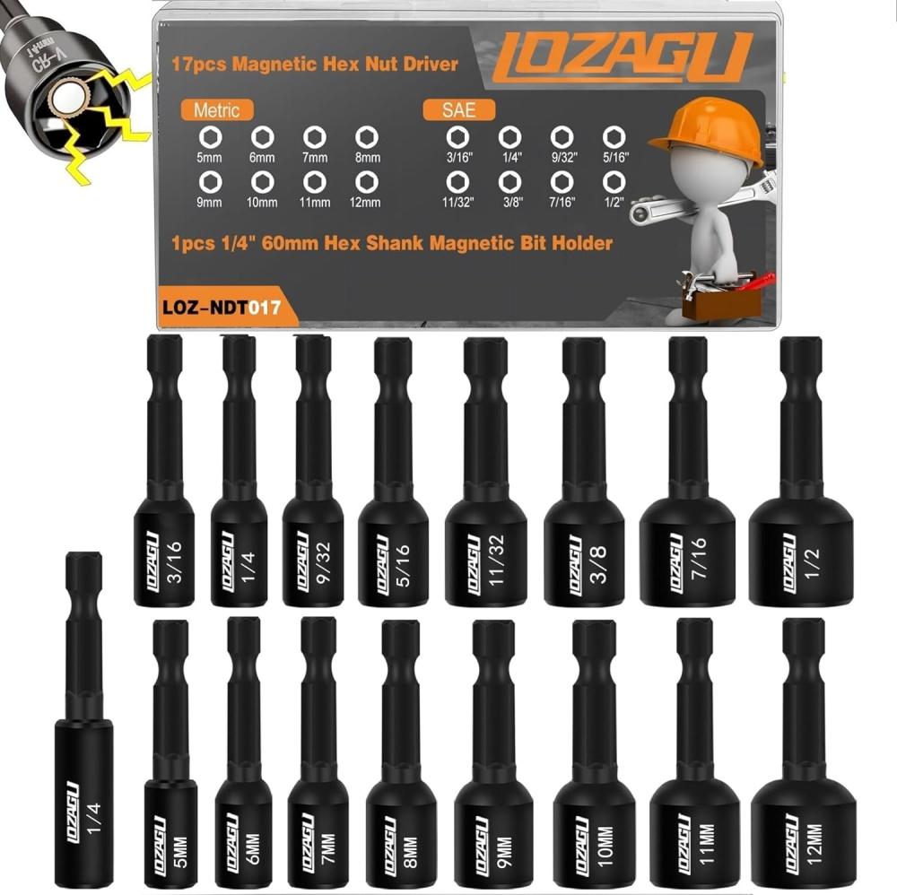 Lozagu Ensemble de 17 pièces de tournevis à douille magnétique | SAE et métrique | Kit maître de forets à douille hexagonale à impact premium | Emmanchement hexagonal de 1/4 pouce | Acier Cr-V | Tourne-écrous