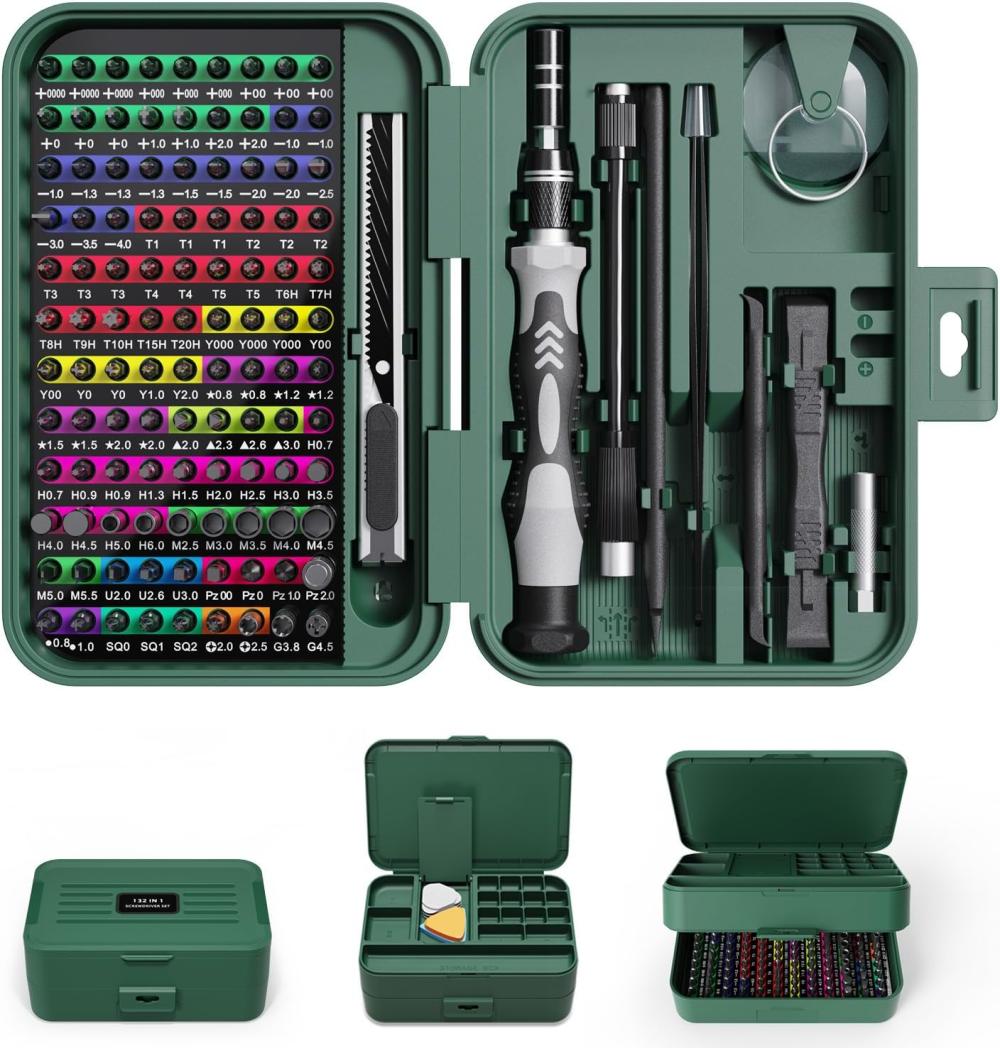 Mini ensemble de tournevis de précision avec identification par code couleur, 132 en 1 kits d’outils de réparation micro magnétiques avec boîte de rangement, 108 embouts, petits kits d’outils manuels pour iPhone/Mac/iPad/Tablette – Vert | Sets de Tournevis