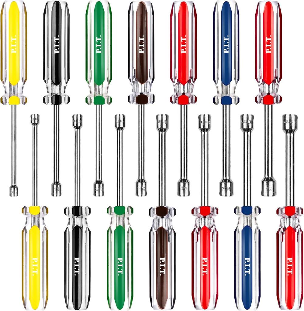 P.I.T. Ensemble de 14 pièces de clés à écrou SAE et métriques, clés à écrou à tige solide de 3,5 pouces (de 3/16 à 1/2 pouce et de 5 à 10 mm), pour le serrage et le desserrage des fixations avec des poignées en PVC confortables antidérapantes codées par couleur. | Tourne-écrous